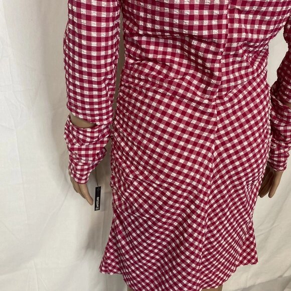 NEW GANNI Women's Seersucker Cut-Out Checked Mini Dress Red/White Size 8 - Picture 6 of 13